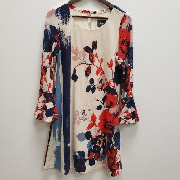 Maeve Dresses & Skirts - Maeve Womens Anthousai Swing Shift Dress Size M Cream Floral Bell Sleeve Scoop